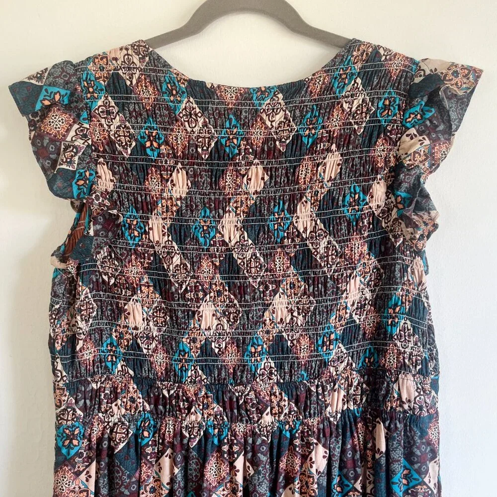 Anthropologie Smocked Ruffle Peregrine Midi Dress Turquoise Patch XL - Picture 6 of 14